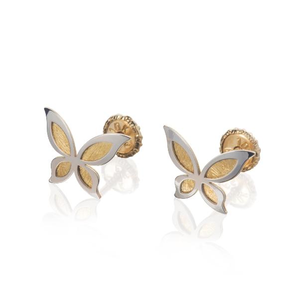 Aretes de Oro 14K Mujer broquel Mariposas con oro amarillo brillante, madre perla y circonias | GIALLO