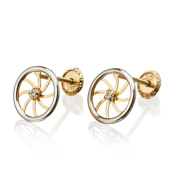 Aretes de oro 14k Mujer Broquel Rueda diamante con oro amarillo, oro blanco y zirconia | GIALLO
