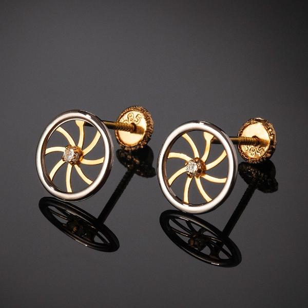 Aretes de oro 14k Mujer Broquel Rueda diamante con oro amarillo, oro blanco y zirconia | GIALLO