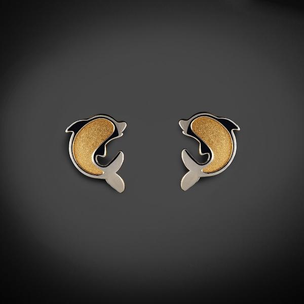 Aretes de Oro 14K Mujer broquel Delfines con oro amarillo y oro blanco | GIALLO
