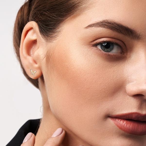 Aretes de Oro 14K Mujer broquel Mariposas con oro amarillo brillante, madre perla y circonias | GIALLO