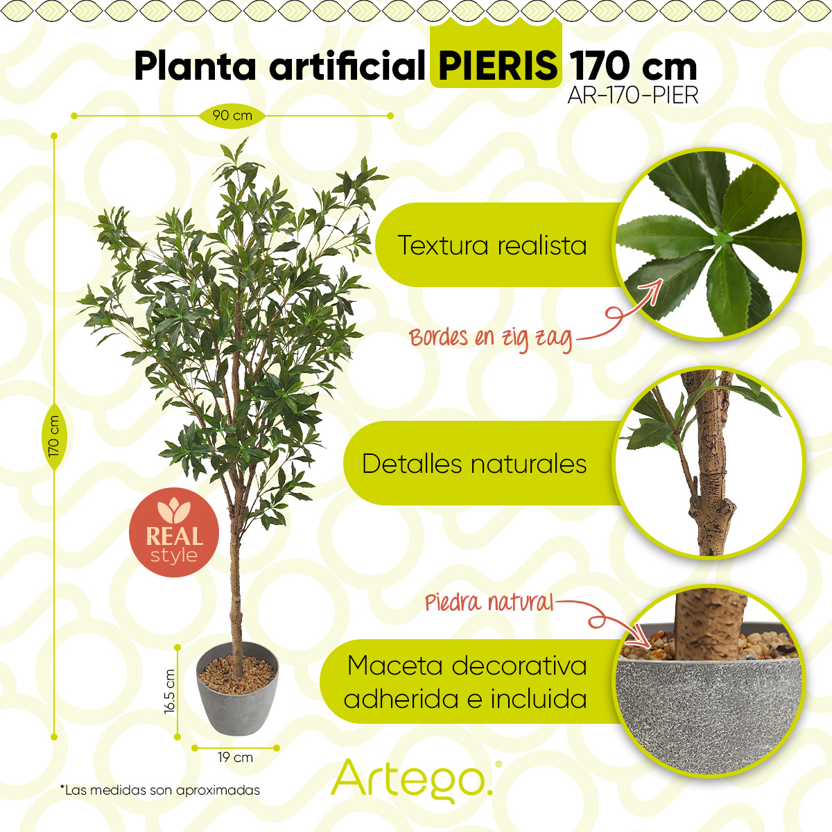 Planta artificial decorativa moderna con maceta Pieris grande de 170cm de alto Artego para hogar sala comercio oficina.