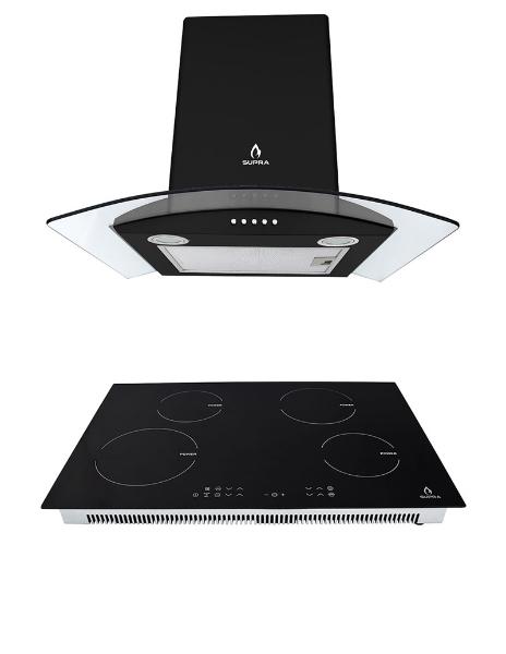 Combo parrilla de inducción 4 quemadores y campana de pared SUPRA NEGRONI campana extractora y parrilla empotrable ambas de cristal templado