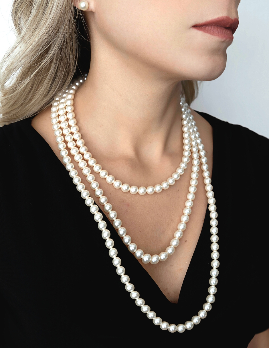 Collar triple con Perlas de cristal crema de plata, Joyería Zvezda .