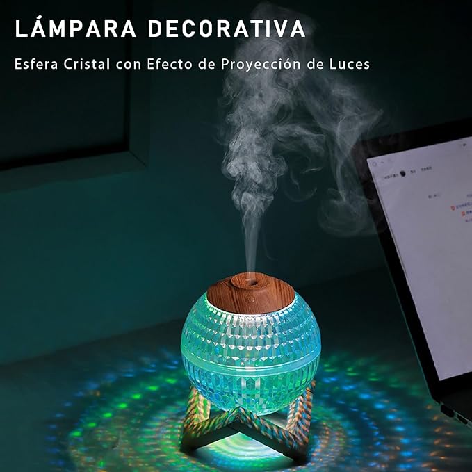 INGEQUIS Humidificador de Aire Forma Esfera con 2 Modos de Humidificación Silenciosa, Difusor con Capacidad de 350ml, Lámpara Nocturna con Luz Cálida y 7 Colores Intercambiables, Conexión USB (Esfera).