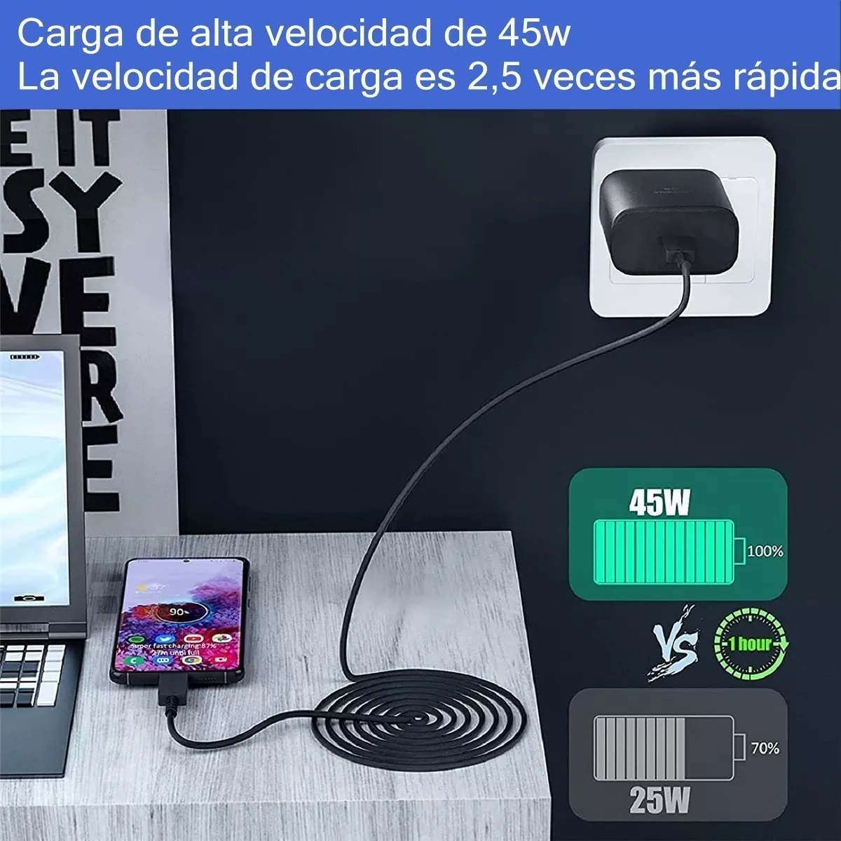 Cargador Super Carga Rápida Tipo C 45w Para Samsung S23 S23+ Negro.