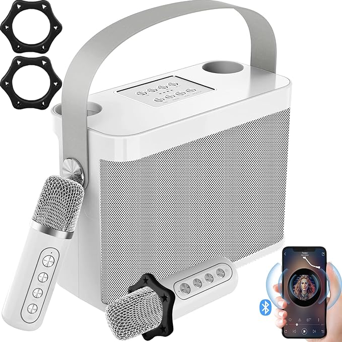 A Karaoke Machine with 2 Wireless Microphones, Portable Bluetooth 5.0 Wireless Karaoke Speaker, 7 Voice Switching Functions, Altavoz inalámbrico Bluetooth Micrófono Sonido Todo en Uno Blanco.