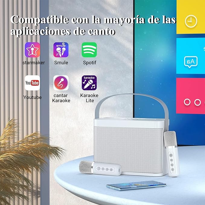 A Karaoke Machine with 2 Wireless Microphones, Portable Bluetooth 5.0 Wireless Karaoke Speaker, 7 Voice Switching Functions, Altavoz inalámbrico Bluetooth Micrófono Sonido Todo en Uno Blanco.