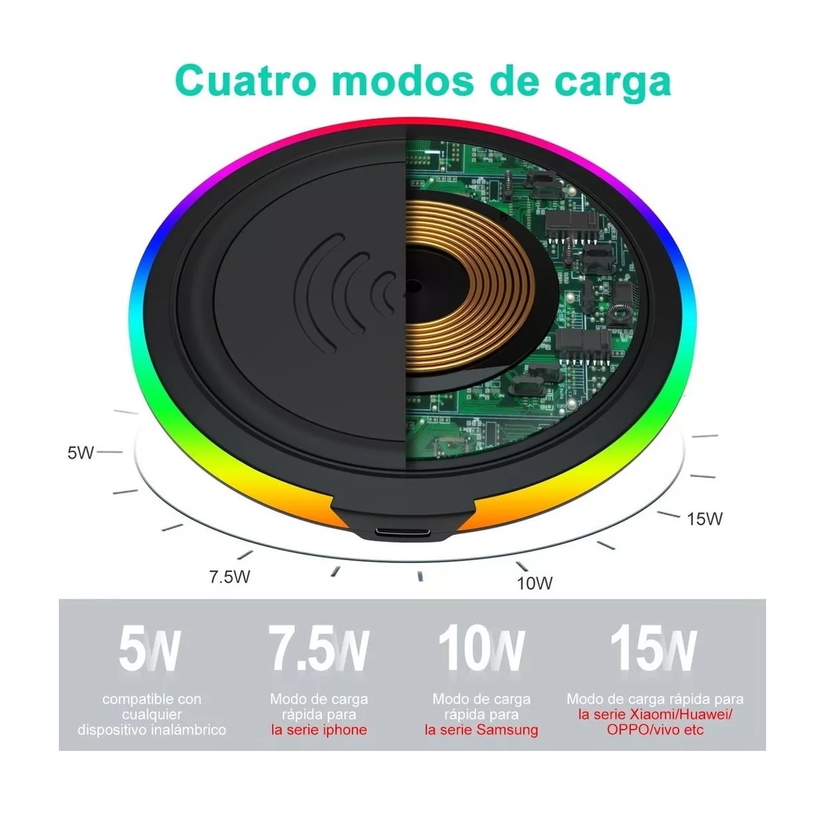 Cargador Inalambrico 15w Móvil De Carga Rápida Qi Universal Negro.