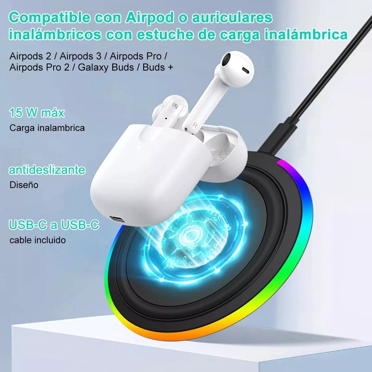 Cargador Inalambrico 15w Móvil De Carga Rápida Qi Universal Negro.