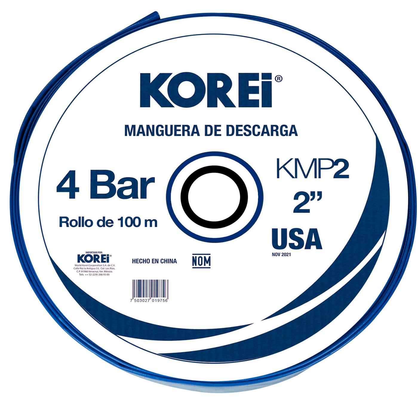 Manguera de Descarga de PVC Marca KOREI Medida 2 Pulgadas Largo 100 Metros 4 Bar - KMP2