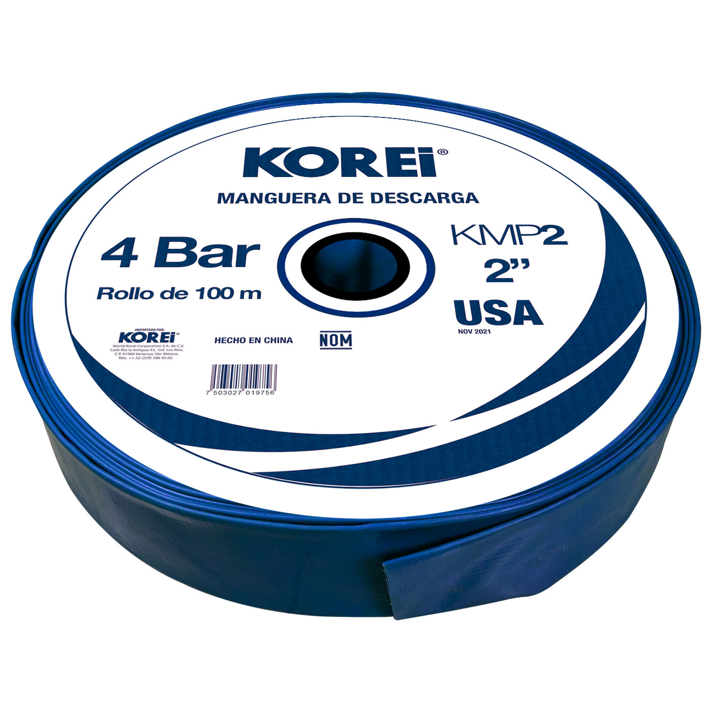 Manguera de Descarga de PVC Marca KOREI Medida 2 Pulgadas Largo 100 Metros 4 Bar - KMP2