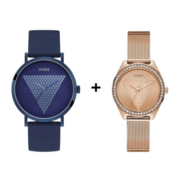 SET DE RELOJES GUESS EN PAREJA PARA SAN VALENTÍN COLOR DORADO/AZUL W1142L4/W1161G4