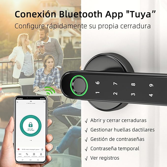 LKUWEE Cerradura Inteligente 5 en 1, Huella Digital/APP/Contraseña/Tarjeta IC/Llave Mecánica Cerradura Electrónica Digital, Recargable, Protección con Contraseña, APP Control.
