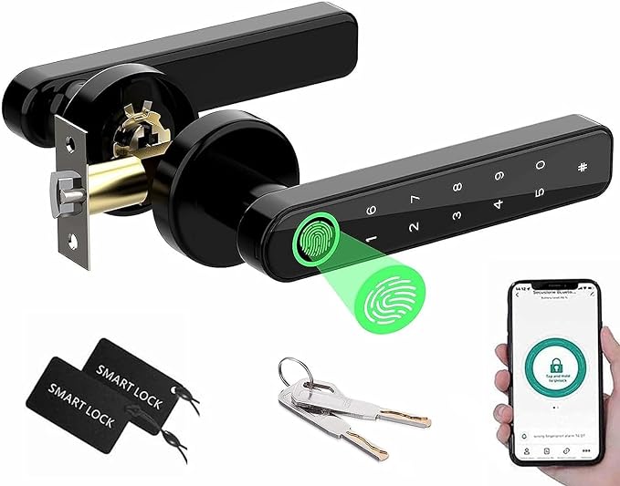 LKUWEE Cerradura Inteligente 5 en 1, Huella Digital/APP/Contraseña/Tarjeta IC/Llave Mecánica Cerradura Electrónica Digital, Recargable, Protección con Contraseña, APP Control.
