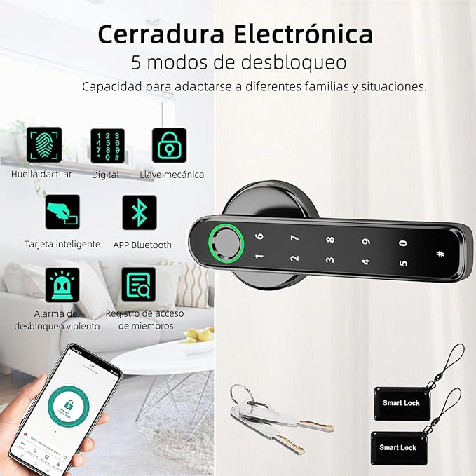 LKUWEE Cerradura Inteligente 5 en 1, Huella Digital/APP/Contraseña/Tarjeta IC/Llave Mecánica Cerradura Electrónica Digital, Recargable, Protección con Contraseña, APP Control.