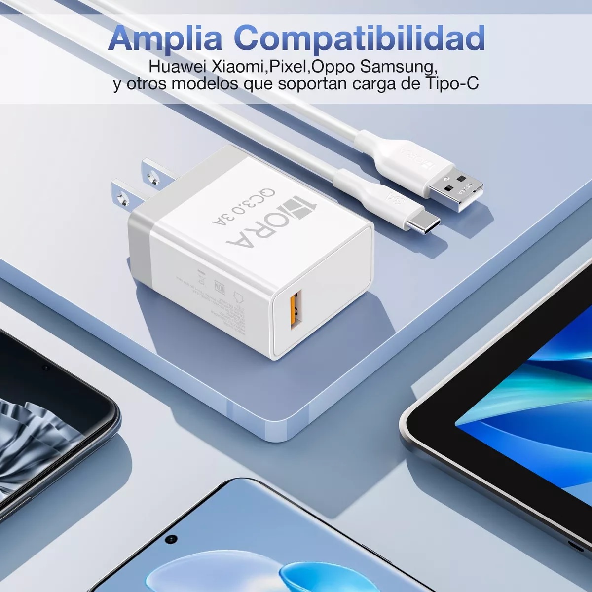 Cargador Universal Usb 3 Am Con Cable Tipo C 3.0 1hora Blanco.