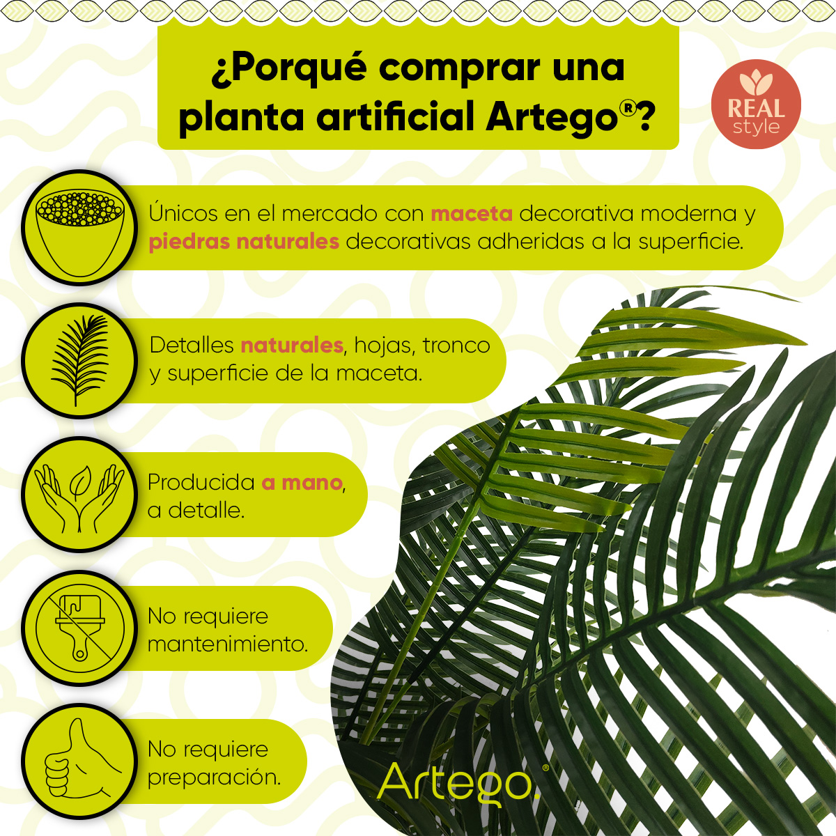 Planta artificial decorativa moderna con maceta Palmera Hawái grande de 160cm de alto Artego para hogar sala comercio oficina.