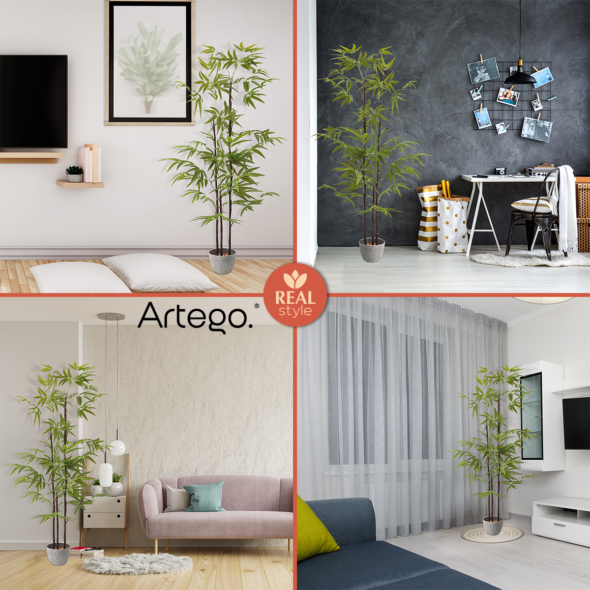 Planta artificial decorativa moderna con maceta Bambú grande de 170cm de alto Artego para hogar sala comercio oficina.
