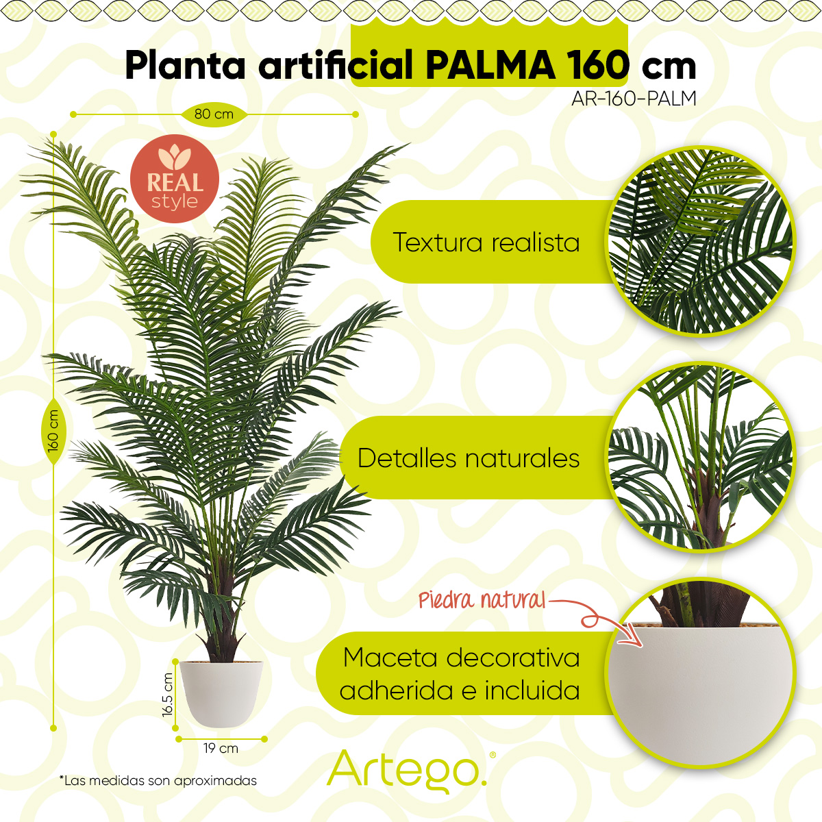 Planta artificial decorativa moderna con maceta Palmera Hawái grande de 160cm de alto Artego para hogar sala comercio oficina.