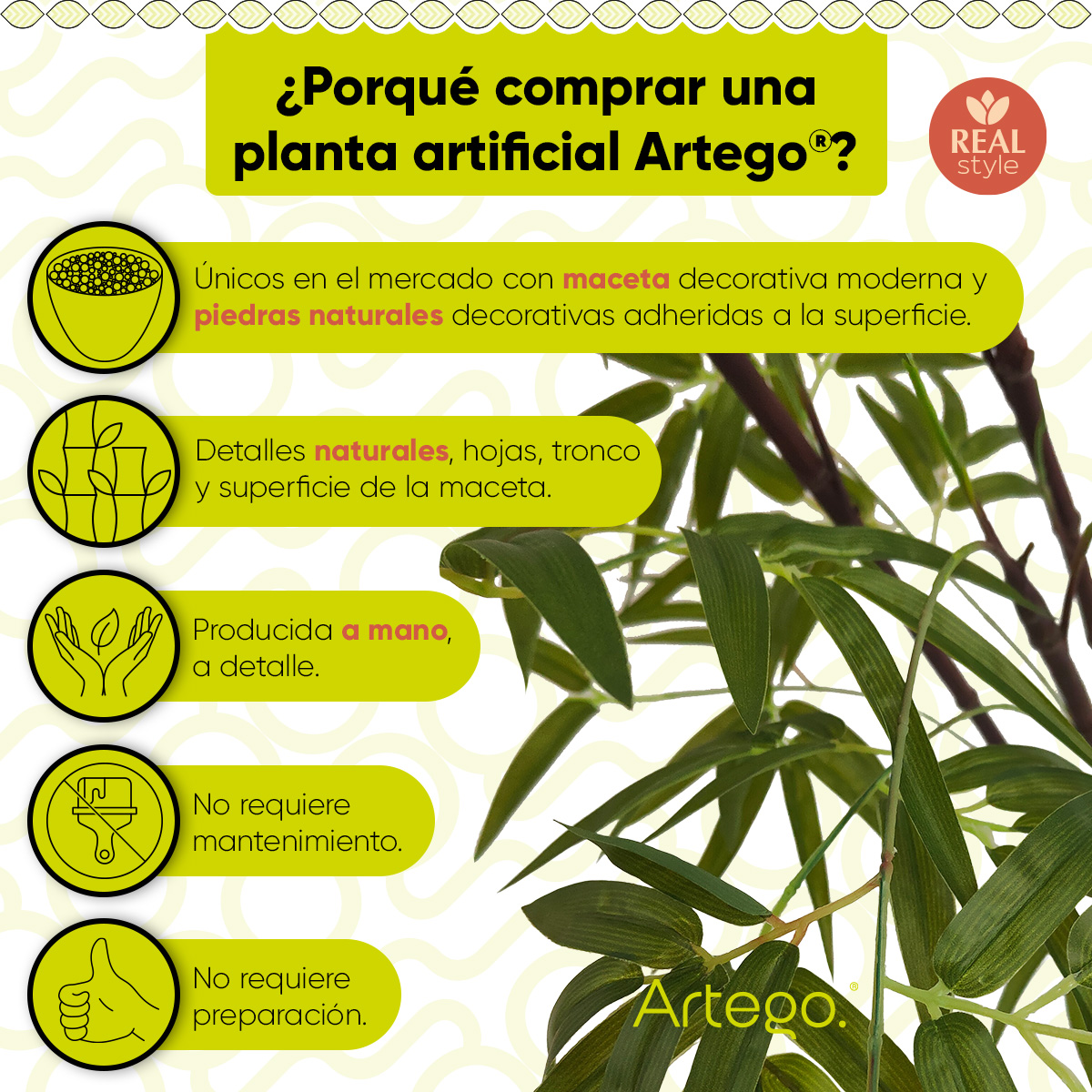 Planta artificial decorativa moderna con maceta Bambú grande de 170cm de alto Artego para hogar sala comercio oficina.