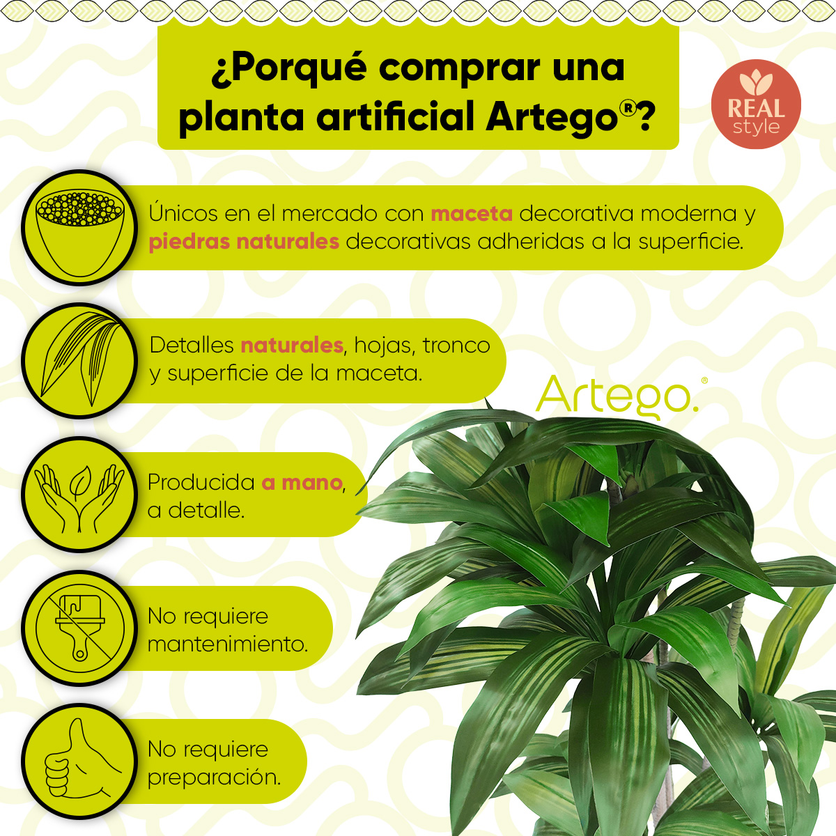 Planta artificial decorativa moderna con maceta Dracaena Palo de Brasil grande de 170cm de alto Artego para hogar sala comercio oficina.