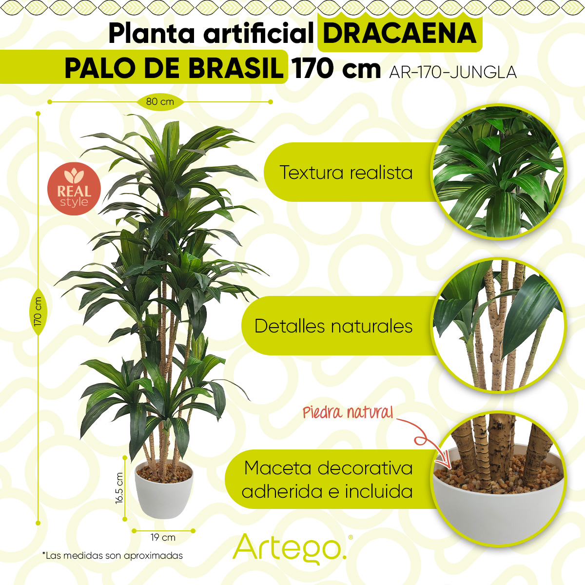 Planta artificial decorativa moderna con maceta Dracaena Palo de Brasil grande de 170cm de alto Artego para hogar sala comercio oficina.