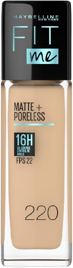 A Maybelline Base de maquillaje matificante Fit Me Matte, tono 220 Natural Beige, 110g.