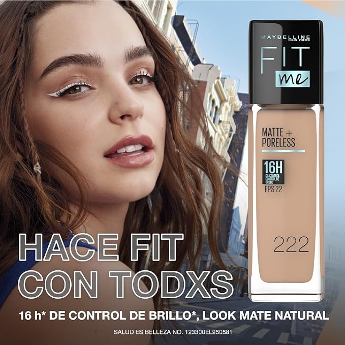A Maybelline Base de maquillaje matificante Fit Me Matte, tono 220 Natural Beige, 110g.