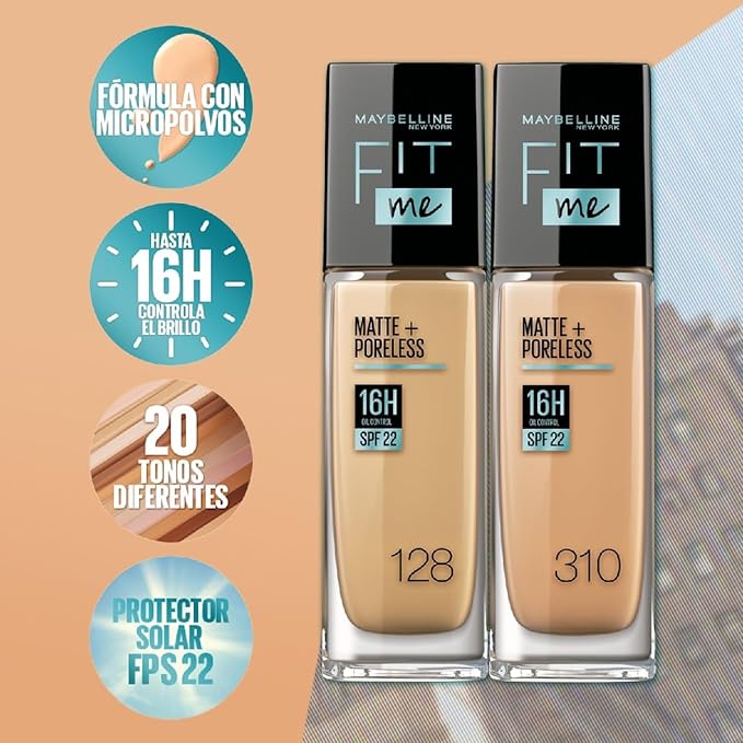 A Maybelline Base de maquillaje matificante Fit Me Matte, tono 220 Natural Beige, 110g.