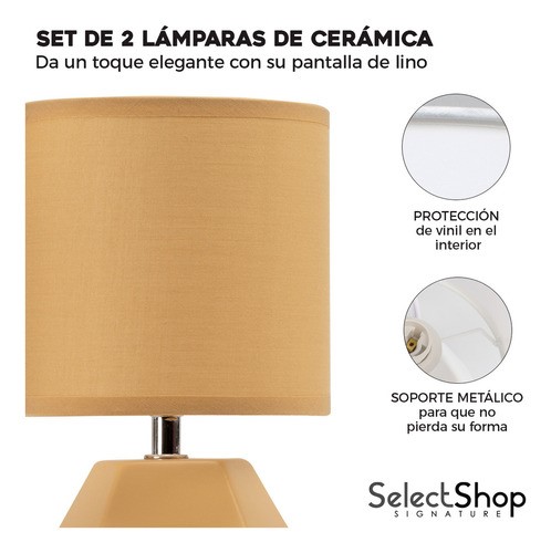 Set De 2 Lámparas De Buró Cerámica Estilo Minimalista 12.5 Estructura Café Pantalla Café.