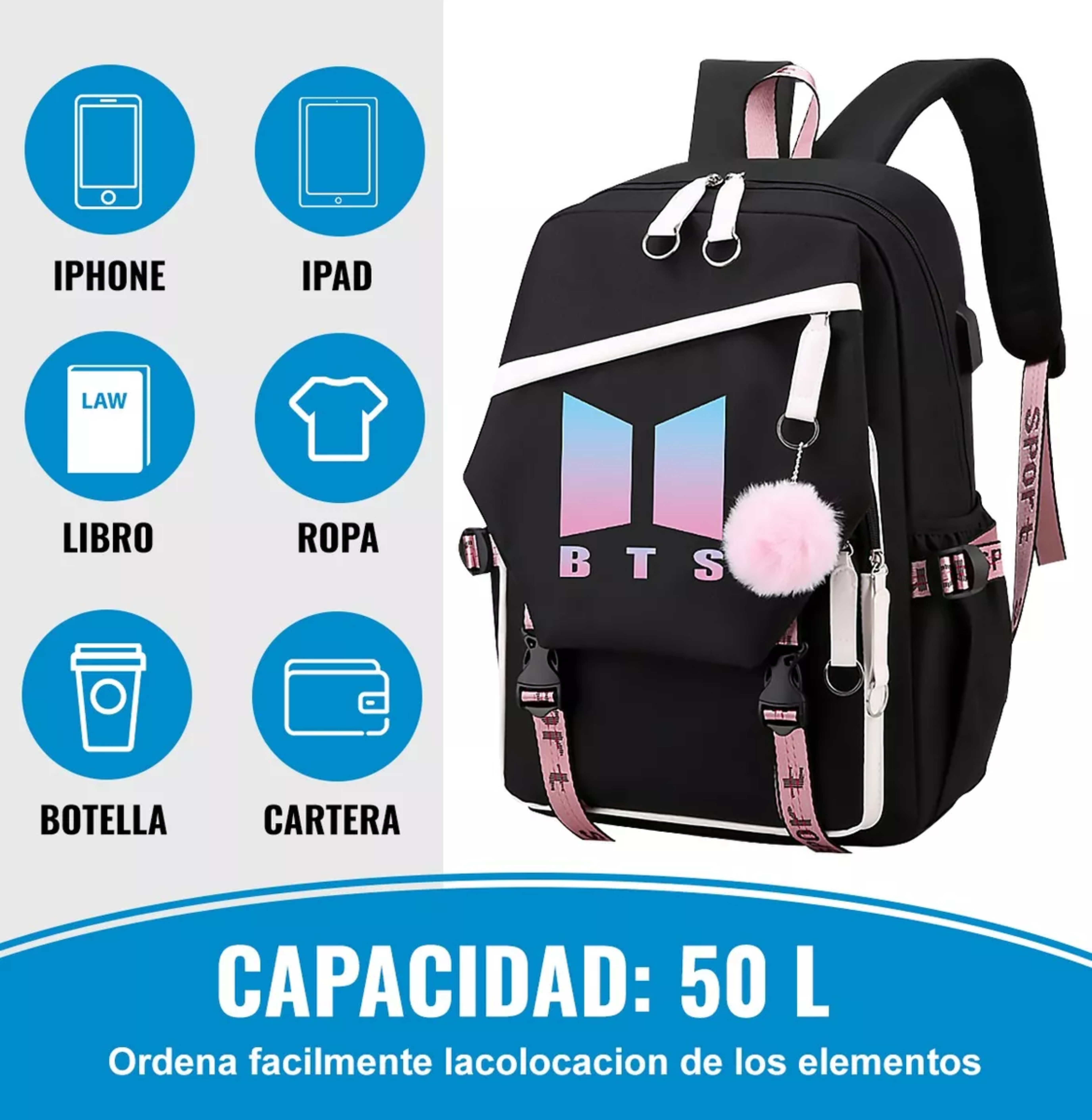 Bts Mochila Con Interfaz Usb Gran Capacidad Estilo Coreano.