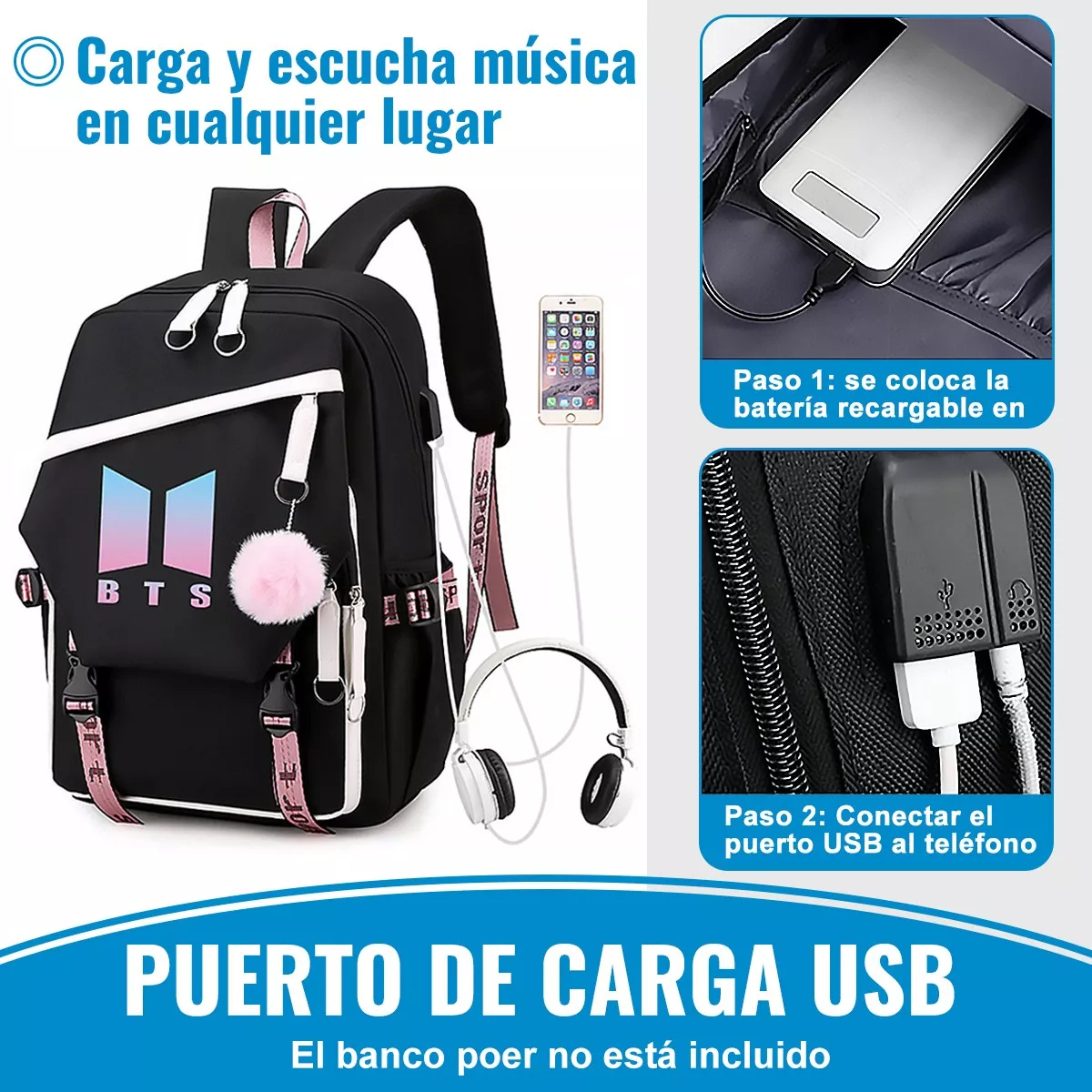 Bts Mochila Con Interfaz Usb Gran Capacidad Estilo Coreano.