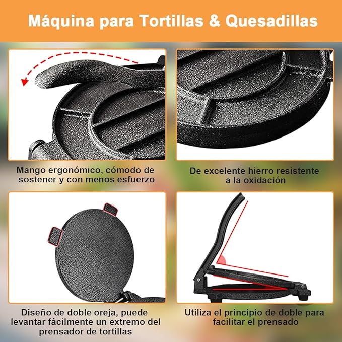 Prensa de Tortilla de Hierro Fundido Máquina para Tortillas y Quesadillas Antiadherente Resistente 19.5cm, Herramienta Prensa de Burrito Taco para Hacer Omelette Tacos Chapati Roti Pan en Cocina Hogar.