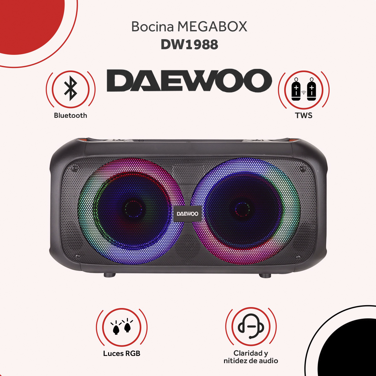 Bocina Bafle Bluetooth Daewoo Megabox Con Micrófono Dw1988 Tws Luz Led
