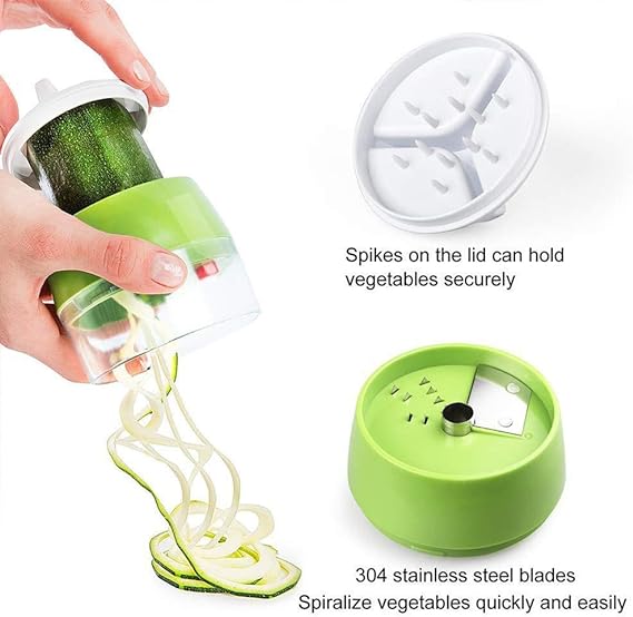 A Hosuho - Cortador espiralizador de mano 3 en 1 de acero inoxidable para frutas y verduras en espiral, rallador manual de cocina para ensalada, zanahoria, pepinos, cebollas.