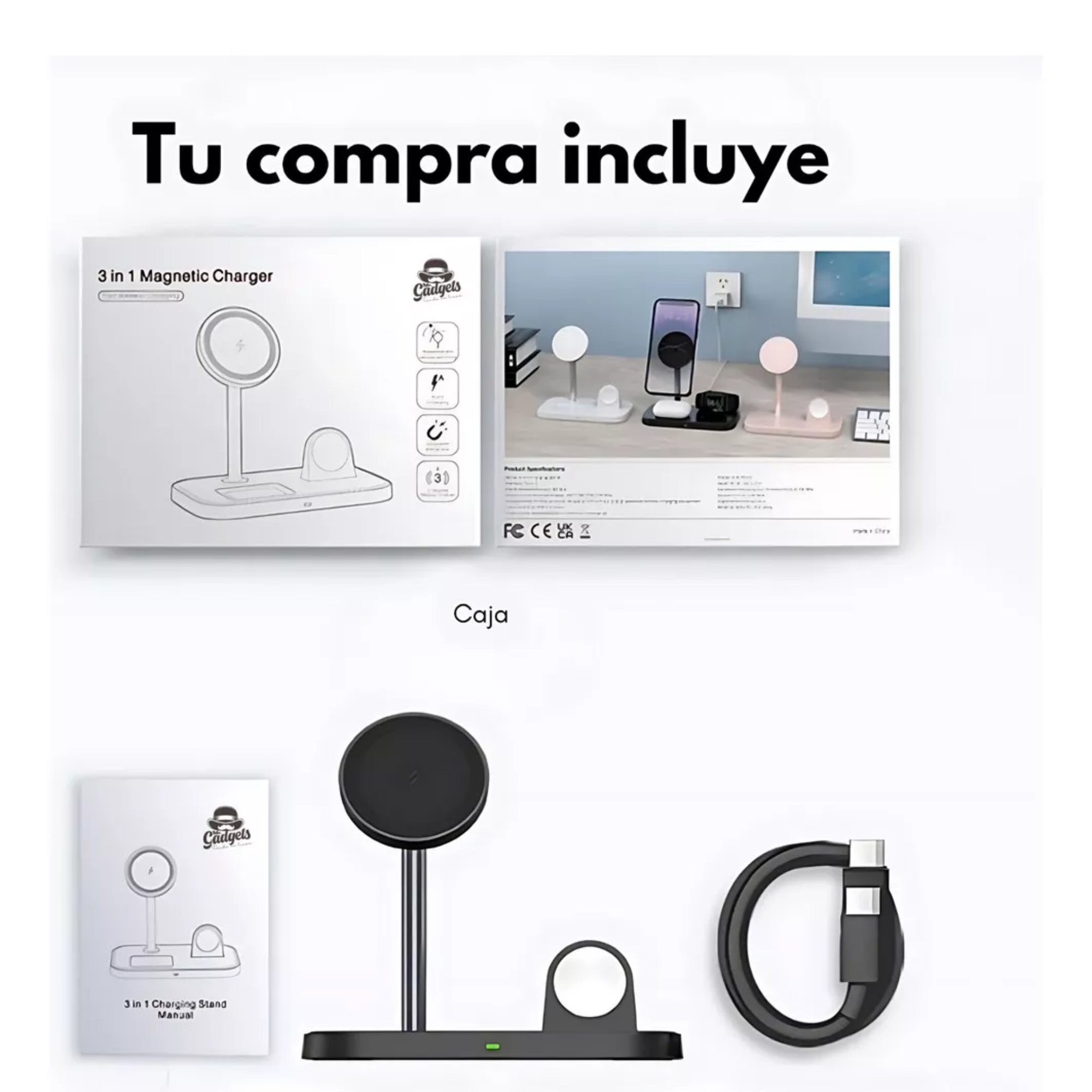 Base De Carga Inalámbrica 3 En 1 Para iPhone Magsafe Color Negro