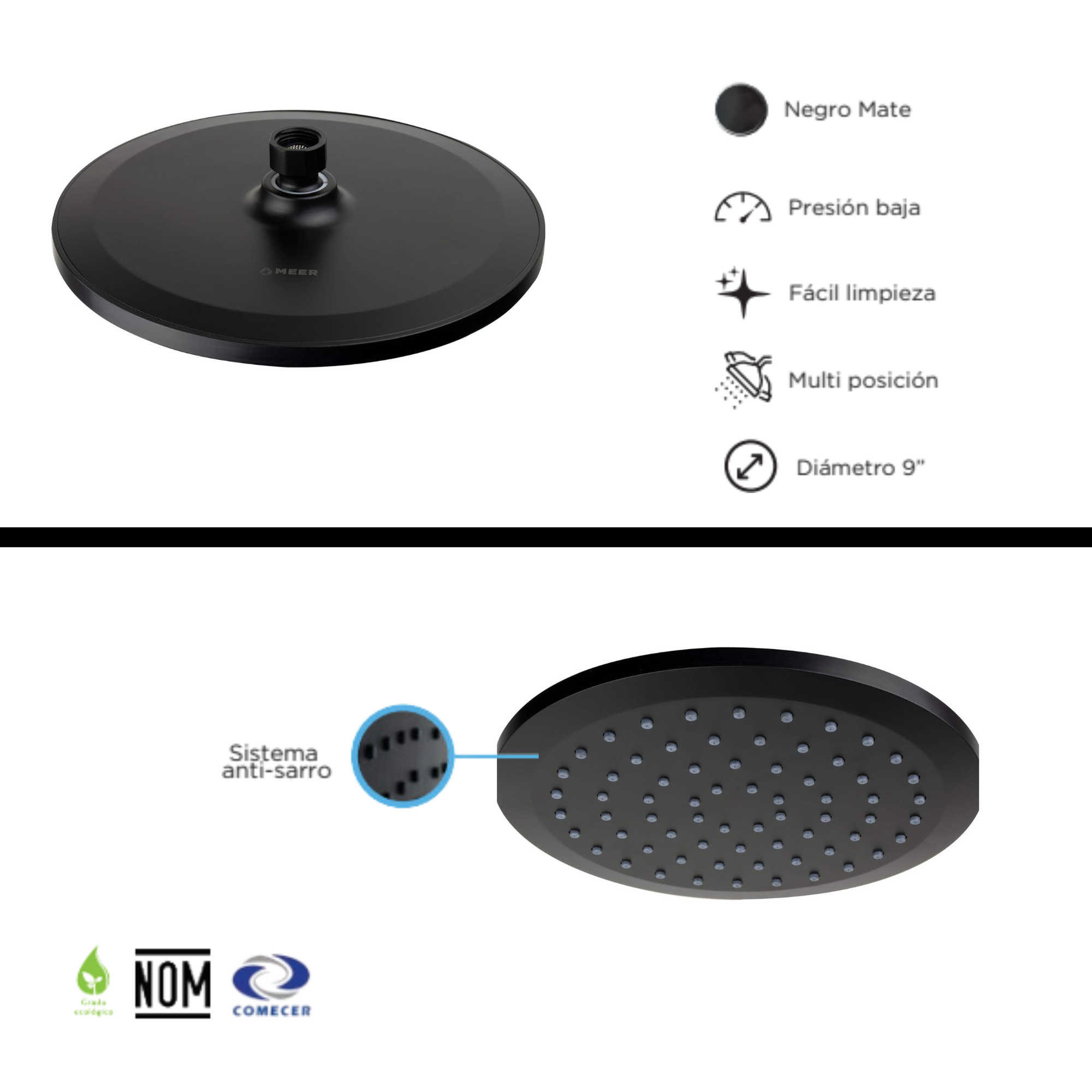 Regadera Redonda de 9" (22.8 cm) en Negro Mate, Sistema Anti-Sarro, ABS.