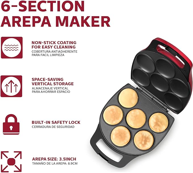 Holstein Housewares Arepas, mini panqueques, pasteles de maíz y más, 6 unidades, rojo/negro.