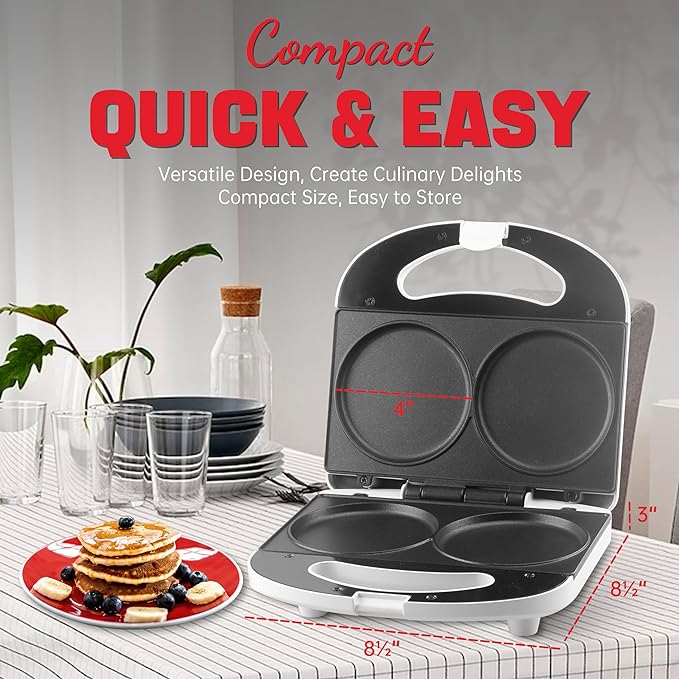 SugarWhisk - Máquina para hacer panqueques doble, Arepa Maker, plancha eléctrica para panqueques, galletas, huevos, Arepas y sándwiches de desayuno, blanco, 4 pulgadas.