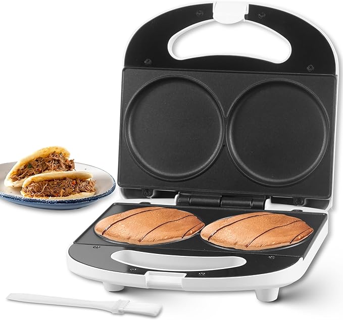SugarWhisk - Máquina para hacer panqueques doble, Arepa Maker, plancha eléctrica para panqueques, galletas, huevos, Arepas y sándwiches de desayuno, blanco, 4 pulgadas.