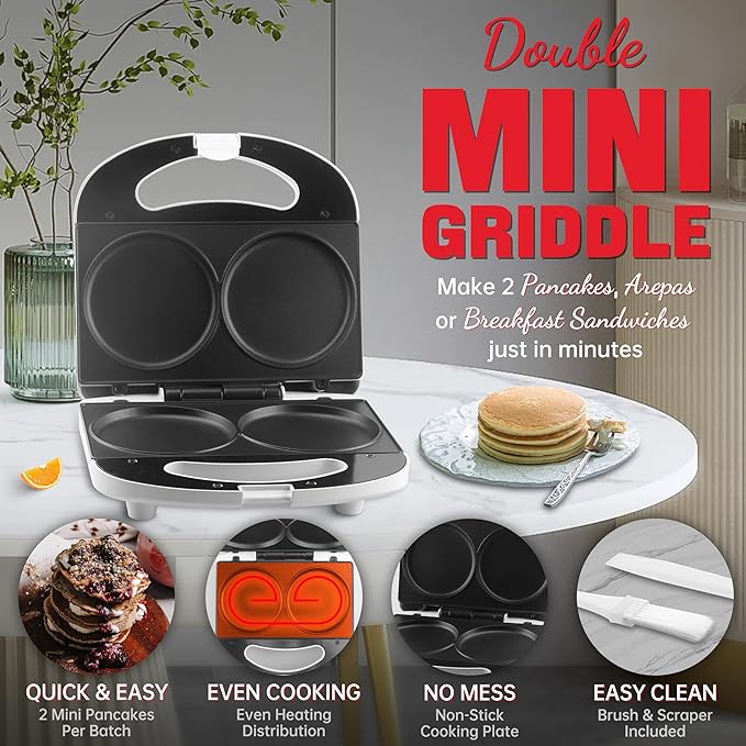 SugarWhisk - Máquina para hacer panqueques doble, Arepa Maker, plancha eléctrica para panqueques, galletas, huevos, Arepas y sándwiches de desayuno, blanco, 4 pulgadas.