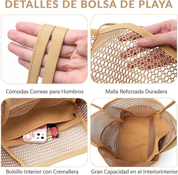 A Bolsa de Playa para Mujer,LIHYL Bolso de Hombro de Malla Plegable para Mujer, Grande Bolsa de Mano con compartimento cremallera y 4 bolsillos para playa, picnic, vacaciones, compras, gimnasio.