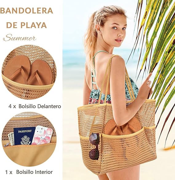 A Bolsa de Playa para Mujer,LIHYL Bolso de Hombro de Malla Plegable para Mujer, Grande Bolsa de Mano con compartimento cremallera y 4 bolsillos para playa, picnic, vacaciones, compras, gimnasio.