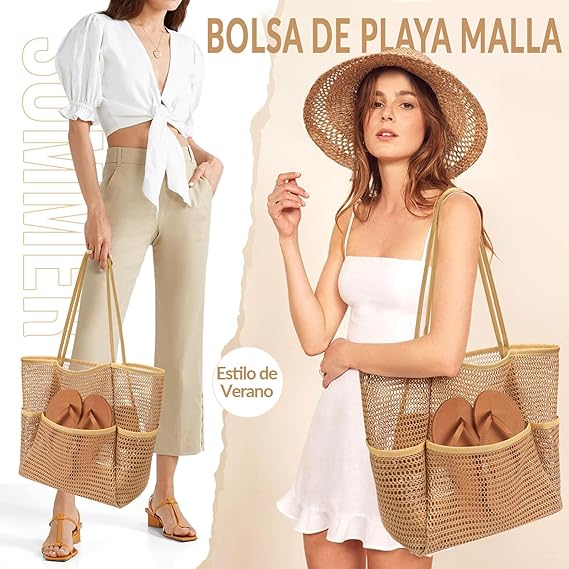 A Bolsa de Playa para Mujer,LIHYL Bolso de Hombro de Malla Plegable para Mujer, Grande Bolsa de Mano con compartimento cremallera y 4 bolsillos para playa, picnic, vacaciones, compras, gimnasio.