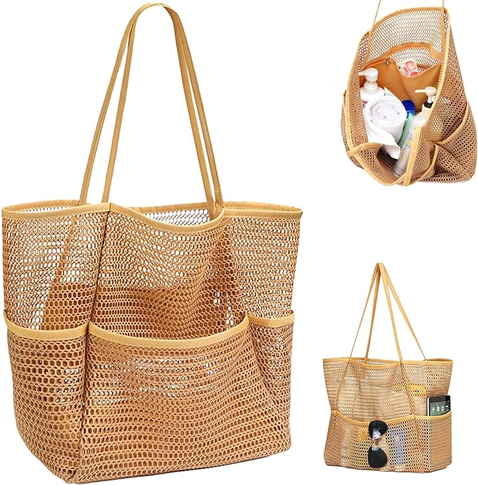 A Bolsa de Playa para Mujer,LIHYL Bolso de Hombro de Malla Plegable para Mujer, Grande Bolsa de Mano con compartimento cremallera y 4 bolsillos para playa, picnic, vacaciones, compras, gimnasio.