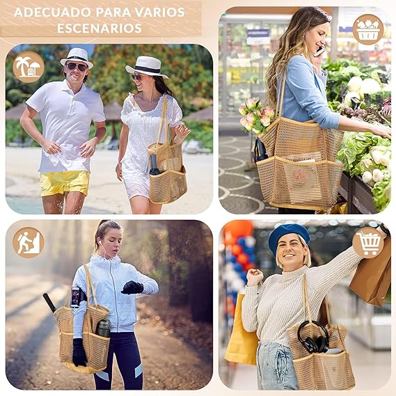A Bolsa de Playa para Mujer,LIHYL Bolso de Hombro de Malla Plegable para Mujer, Grande Bolsa de Mano con compartimento cremallera y 4 bolsillos para playa, picnic, vacaciones, compras, gimnasio.
