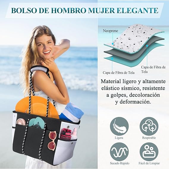 A NUBILY Bolsa de Playa Mujer 30L Bolsa Playa de Neopreno Impermeable Bolsas Tote de Playa Bolso de Hombro para Mujer.