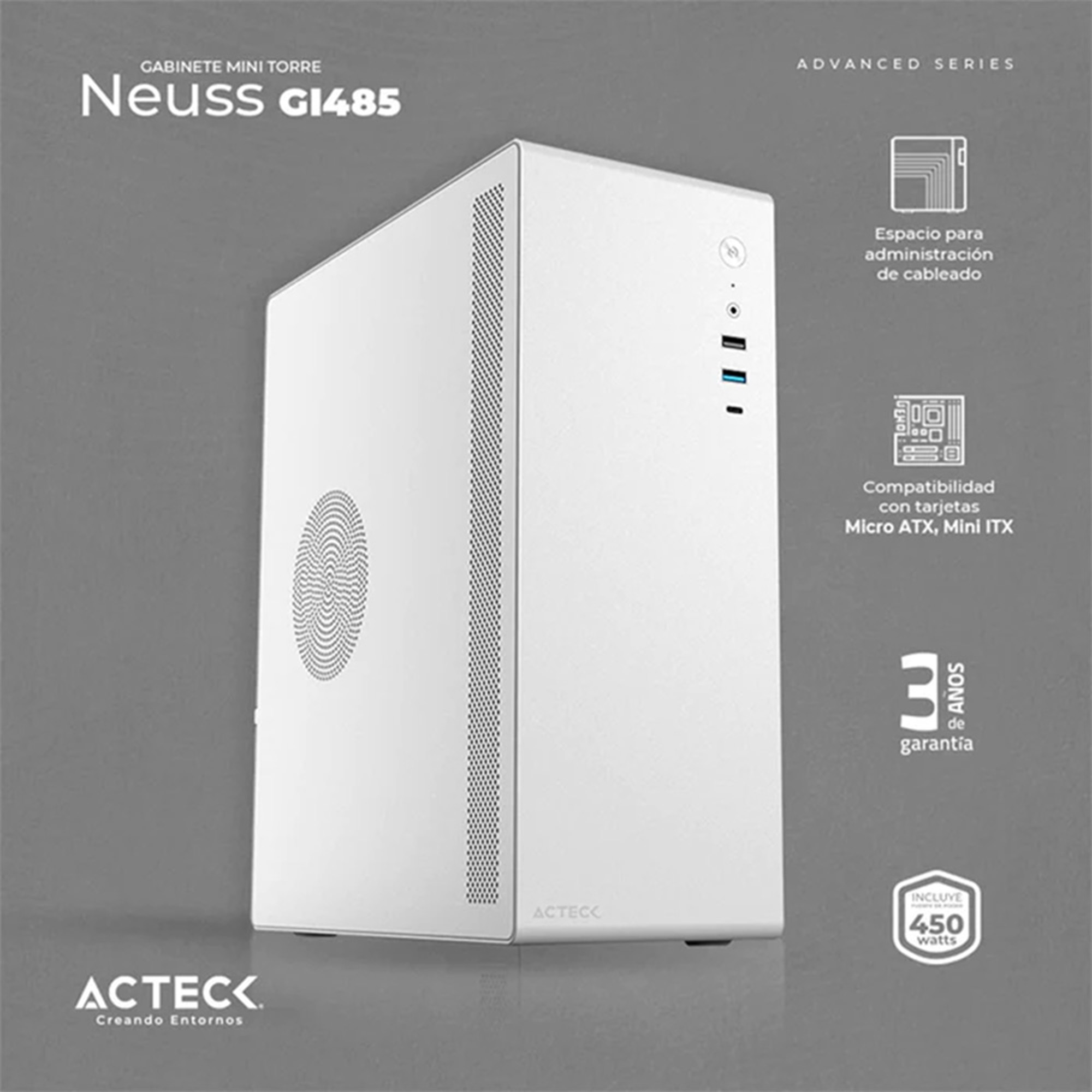 Gabinete Acteck Neuss GI480, micro-ATX, Fuente ATX de 450 W, Blanco.