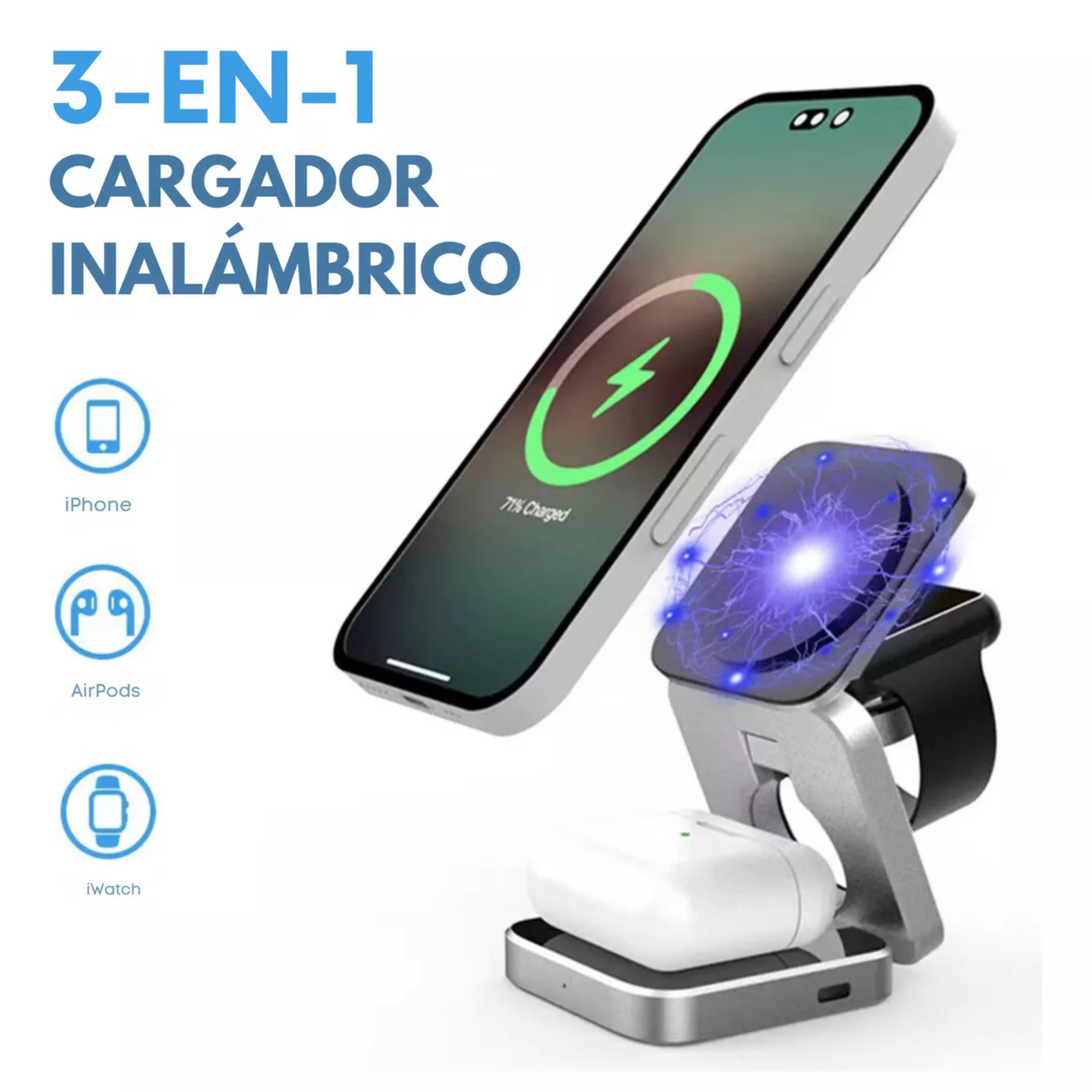 Mr. Gadgets Cargador Inalámbrico 3 En 1 Plegable Magnético Soporte Estacion De Carga Rapida 15w Qi Para iPhone, AirPods, Apple Watch, Color Negro